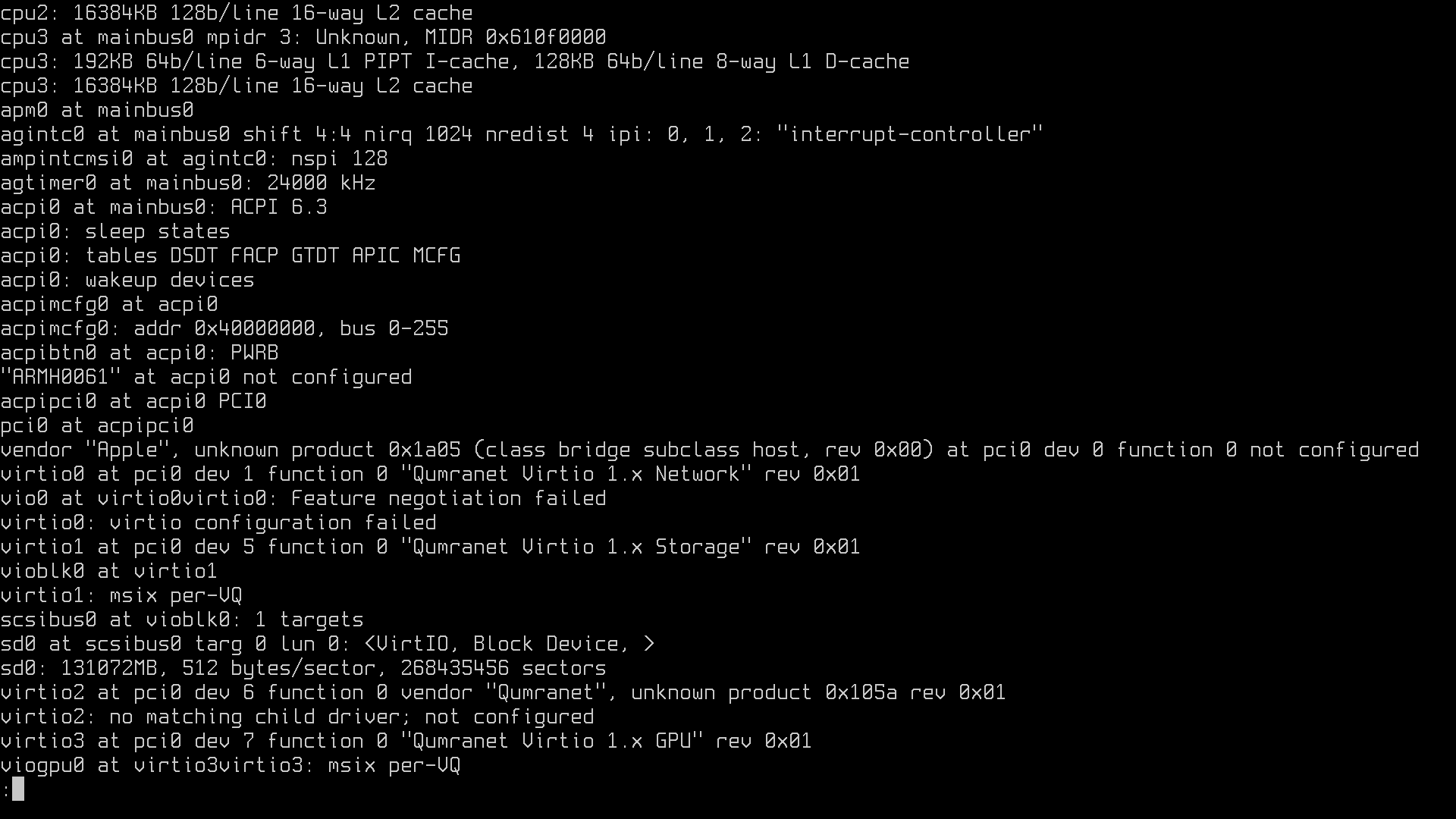 OpenBSD/aarch64 dmesg report on Apple Silicon virtualization framework